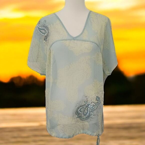 Y2K Paisley Silk Boxy Fit Blouse M Sheer Pastels Coquette Romantic Drawstring - Picture 15 of 16